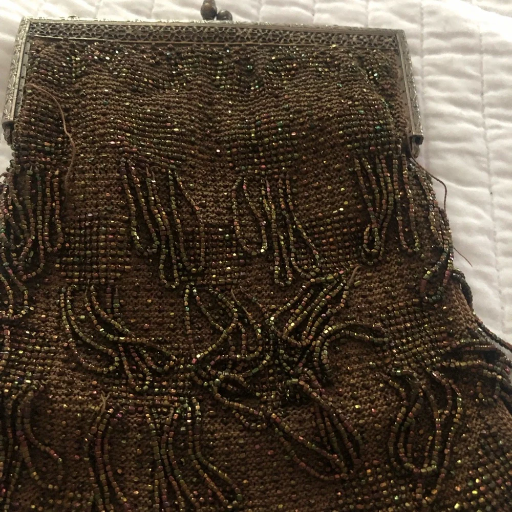 Antique Flapper Art Deco Beaded Purse Bronze Brown